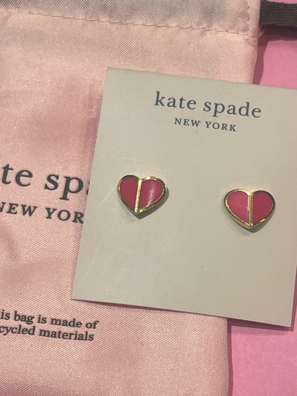 NWT~KATE SPADE~Pink & Gold Heart Stud Earrings - Picture 2 of 4